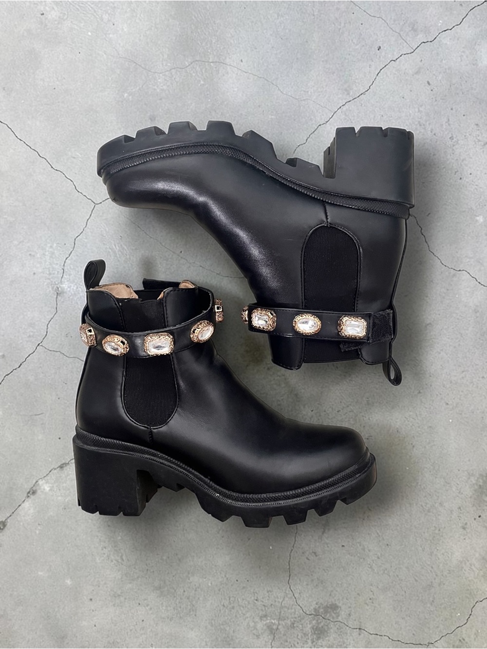 Steve Madden Black Chunky Chelsea Boots with Jeweled Ankle Strap
